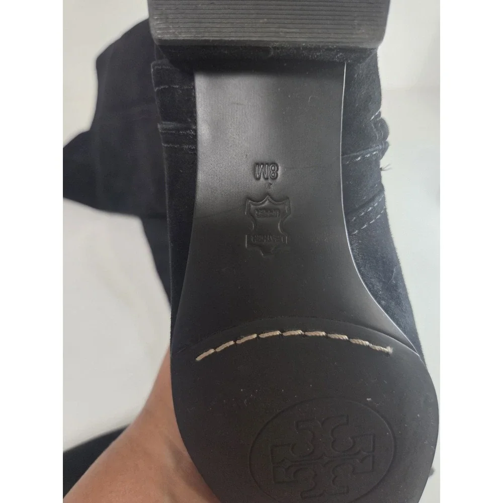 Tory Burch Black Suede Riding Boots Gold Logo Hardware Women's Size 8M Knee High